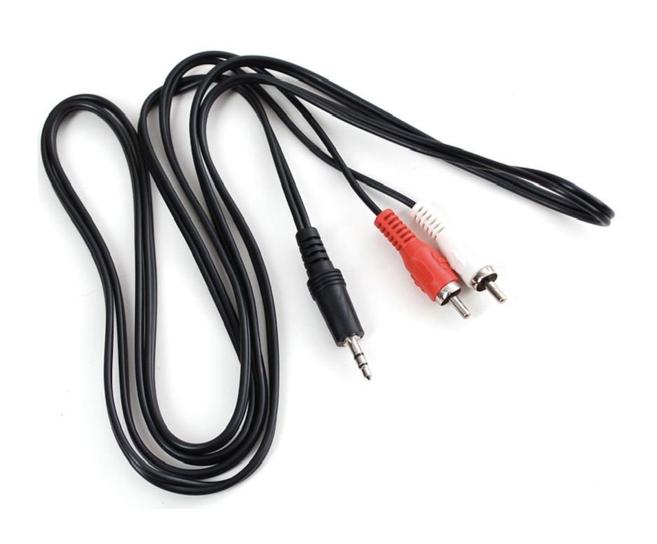 This is an image of a black and red Audio Line In (Phone Cable) close up against a white backdrop.