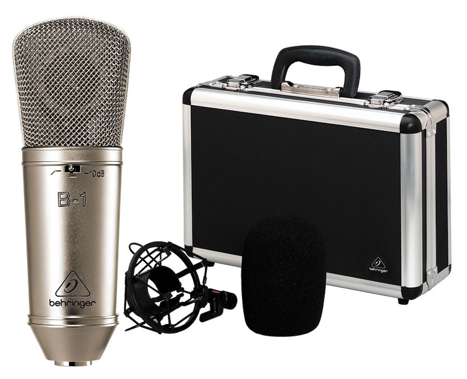 This is a stock image of the Behringer B1, a silver mic with a black and silver storage suitcase on the right.
