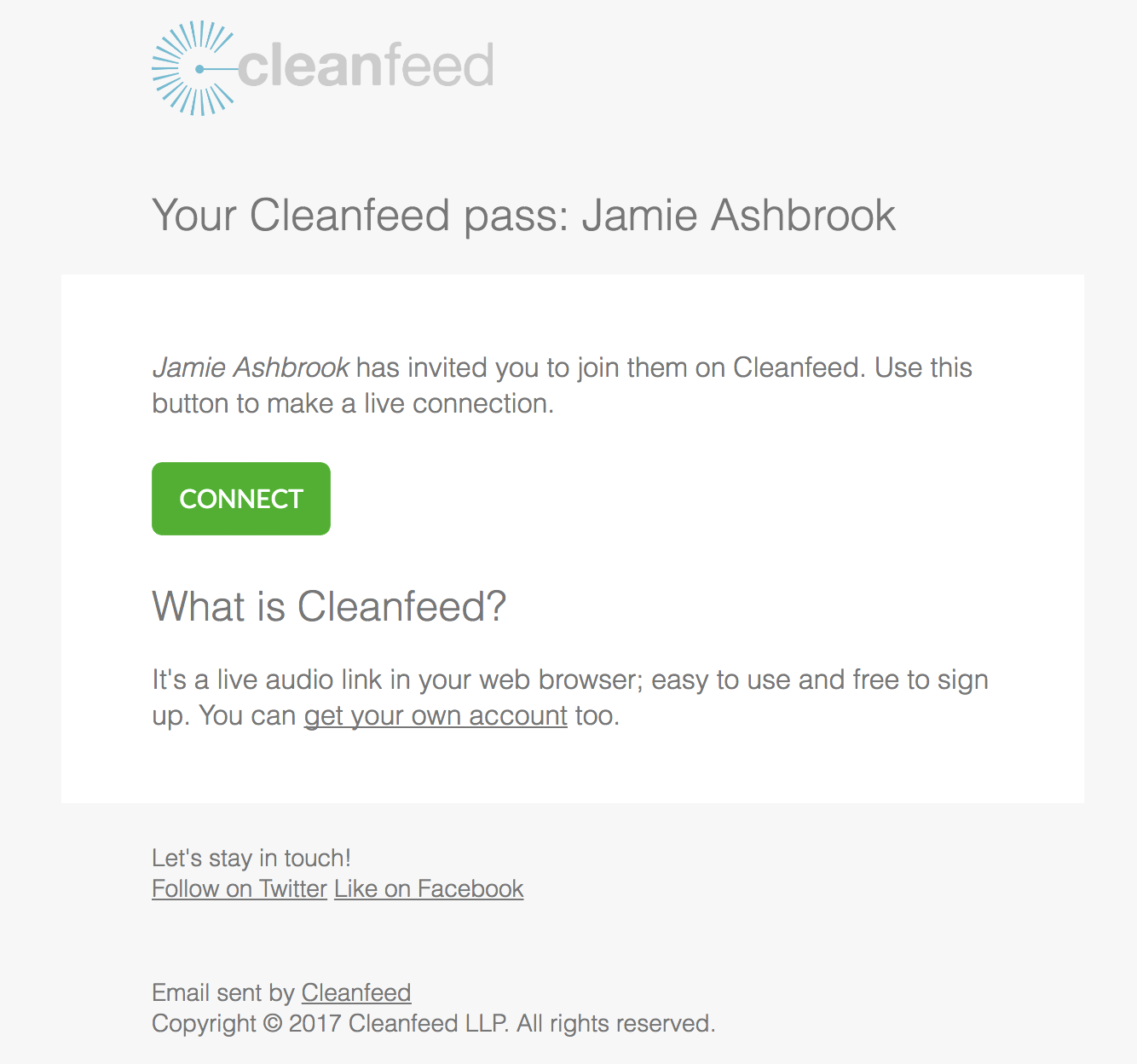 Image shows the Cleanfeed Listener Invite.