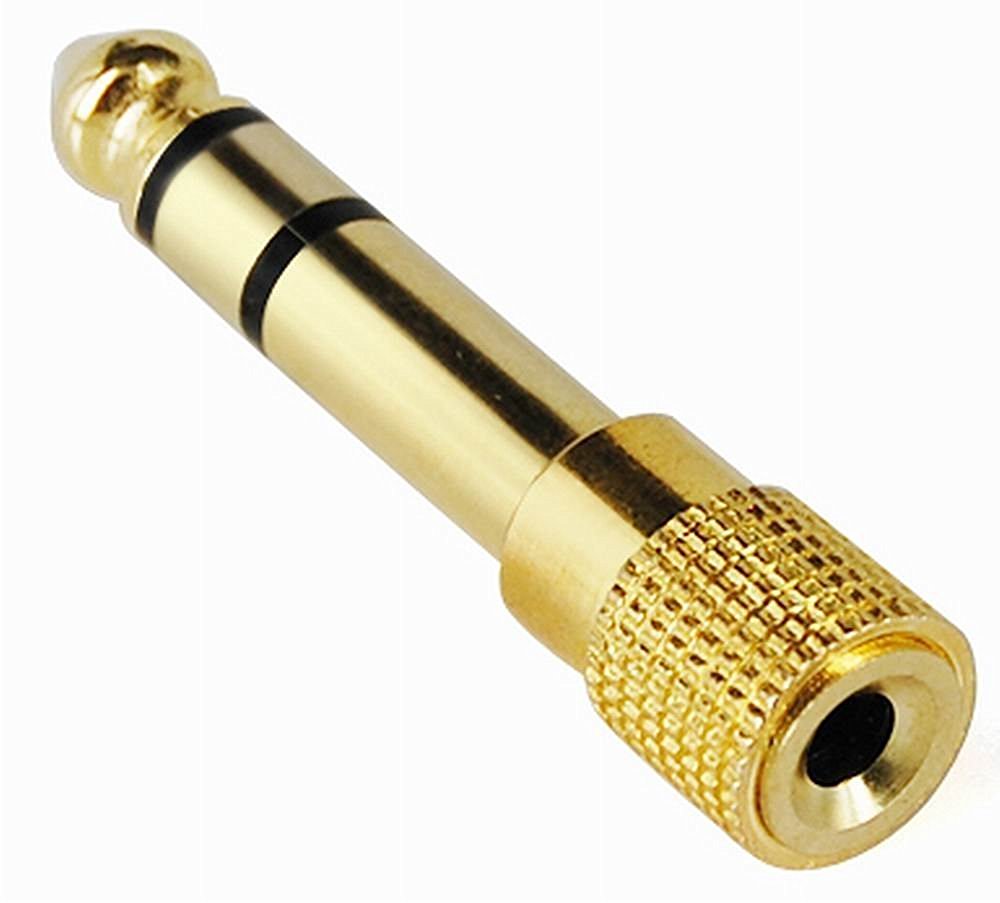 This is a stock image of a close up Jack Headphone Adapter Converter Plug. The jack is gold in colouring and the background is plain white.