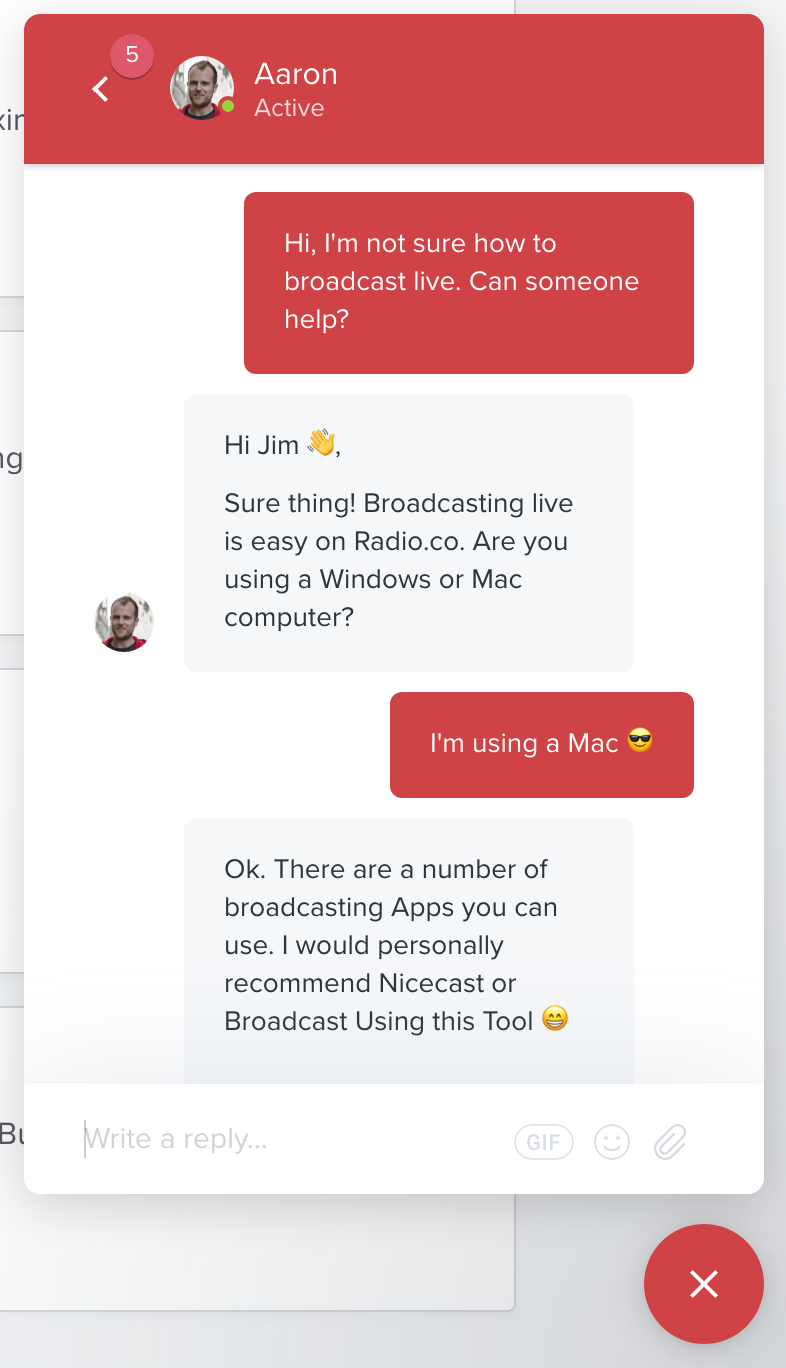 This how a Live Chat for help appears on the Radio.co site. It is a dummy example one with a team member named Aaron, and his photo in a small circle at the top of the red and white chatbox. He is a white man with brownish hair.
