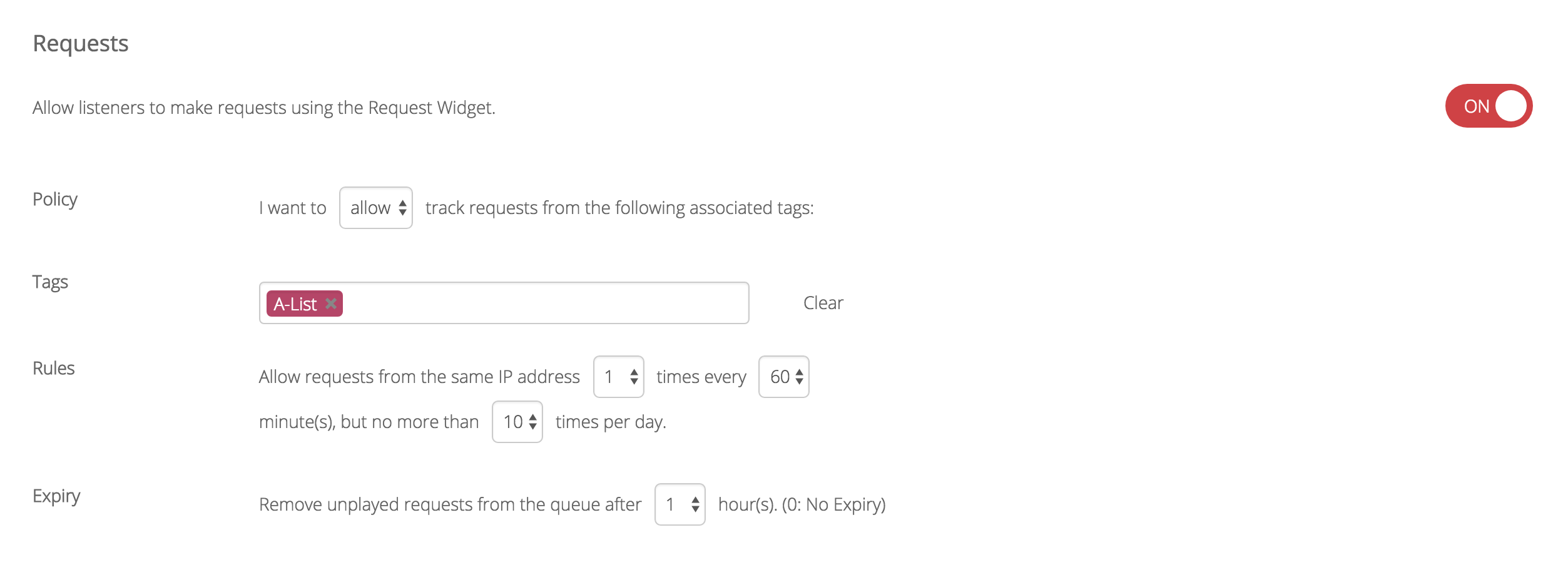 This is how the Request Settings appear. Beneath Requests are Policy, Tags, Rules and Expiry. There are options to tag requests and remove too many requests under small boxes with black arrows pointing up and down.
