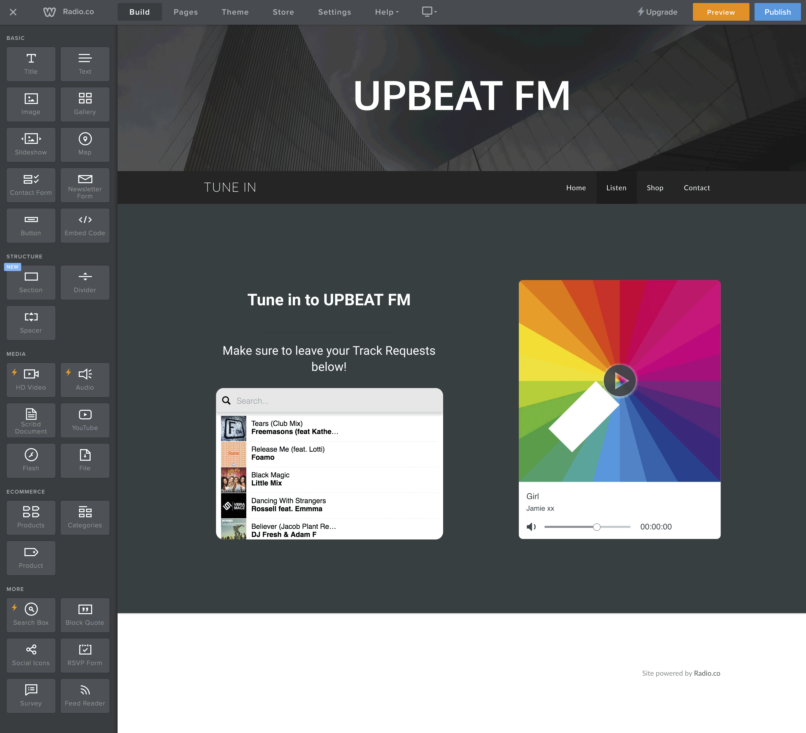 This is a screenshot of how the Website Builder appears and is the same as the cover picture for this article. The dummy station is called UPBEAT FM, and below there are lists of Basic, Structure, Media, ECommerce and More options. The main part of the screen has the Jamie XX track as previously mentioned.