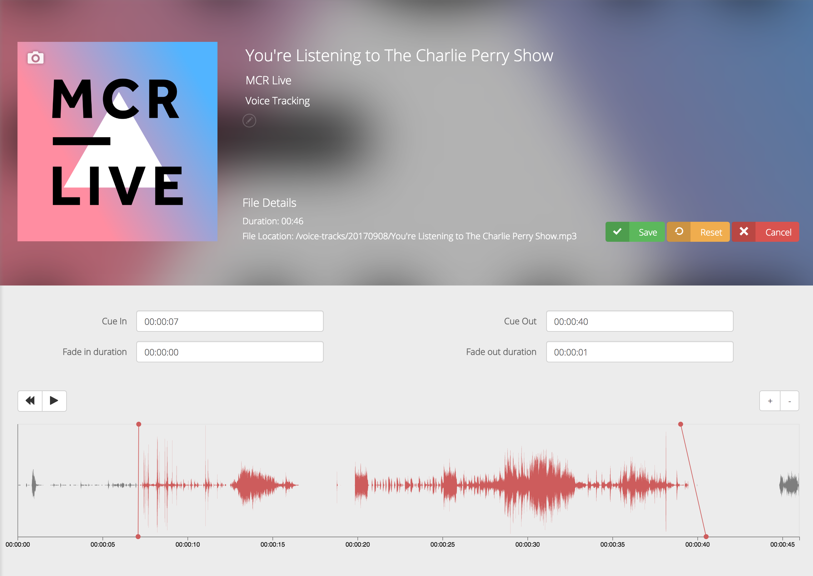 This is a screenshot visualisig how the Voice Track Editor appears. The top bar has the track and album art, and the bottom bar has Cue In/Cue Out features and editing tools for the audio.