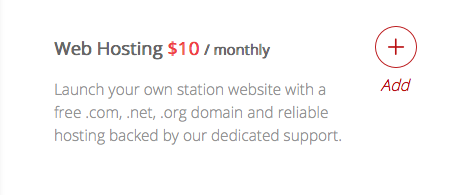 This is a screenshot of Web Hosting. It reads '10 dollars monthly' with an 'ADD' option. It also reads: 'Launch your own station website with free.com, net, org domain and a reliable hosting backed by our dedicated support.'
