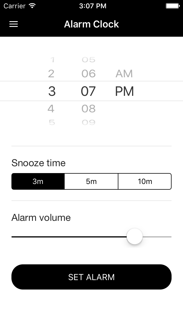 This is a white and black screenshot of a user setting an alarm clock for 3:07PM