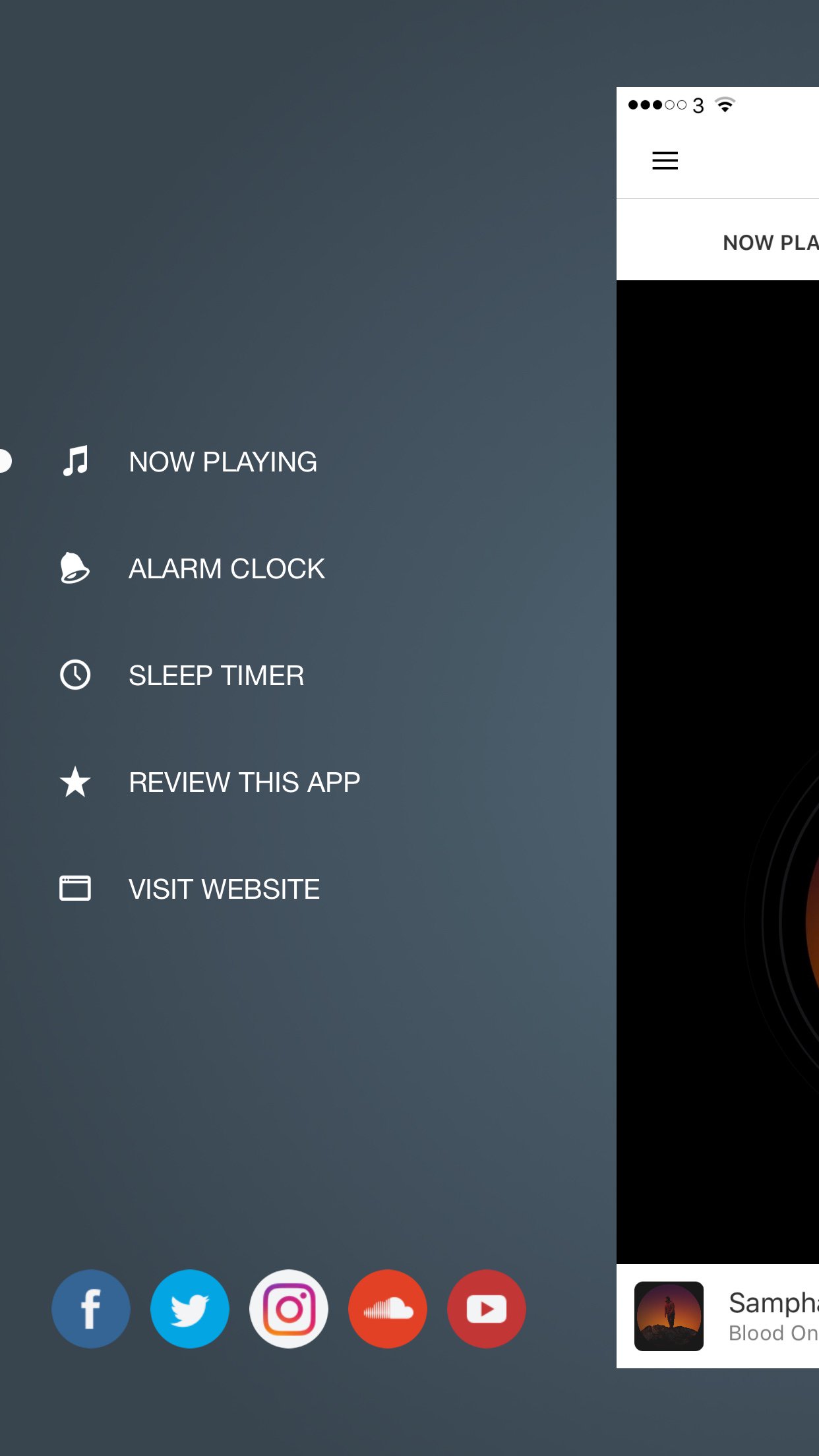 This is a black and grey screenshot with a list of features eg Now Playing, Alarm Clock, Sleep Timer and Review This App