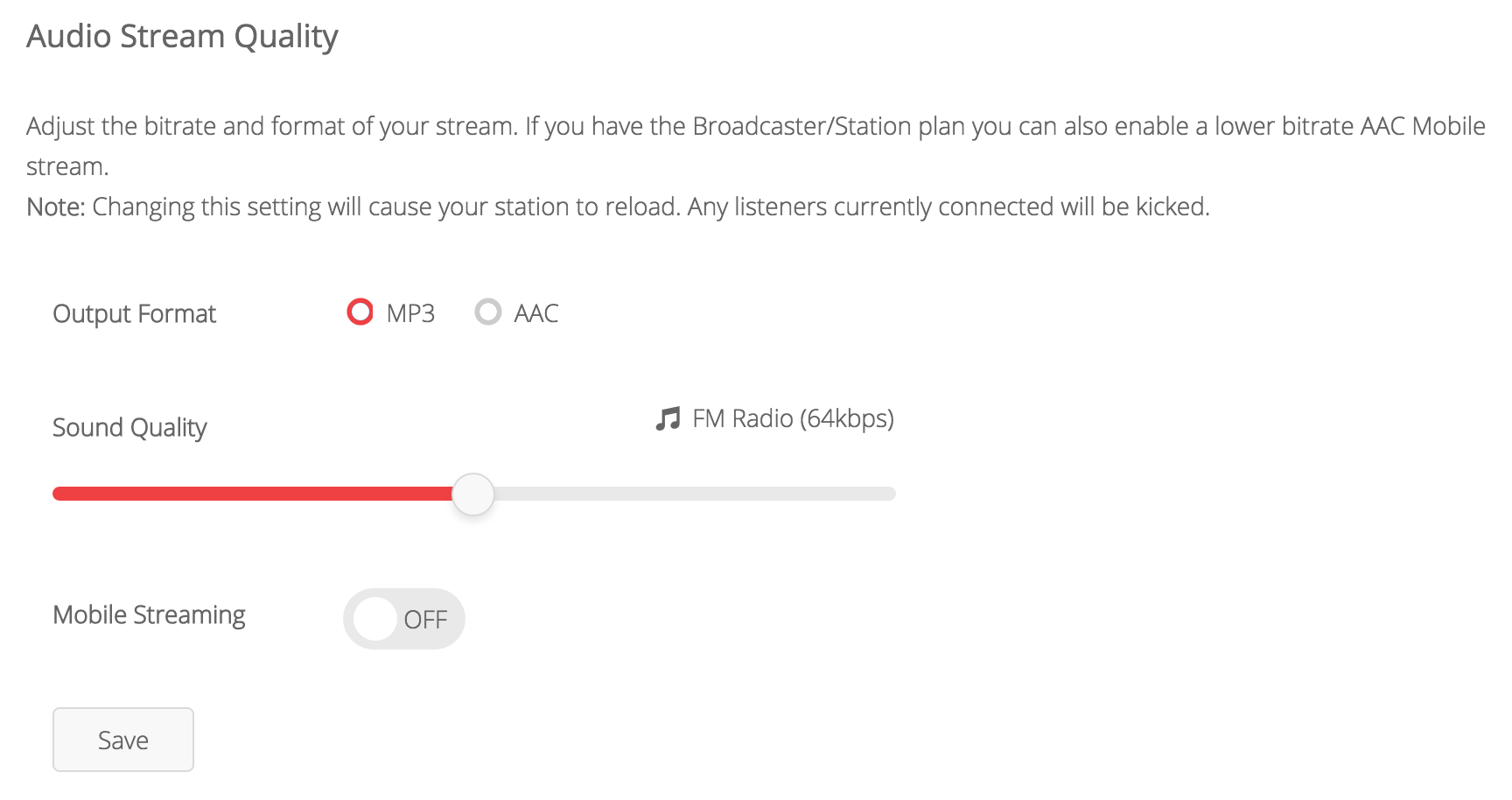 This is a white and red screenshot of how the Bitrate Radio.co Dashboard would appear. It shows the Sound Quality level in a red slider.