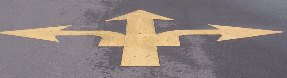 This is an image of a yellow cross arrow, each arrow pointing in different directions, on a road/