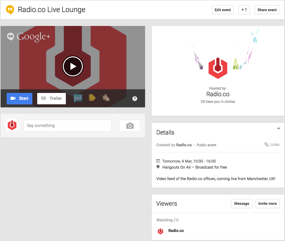 This is a white and red page with Hangouts On Air Events visible.