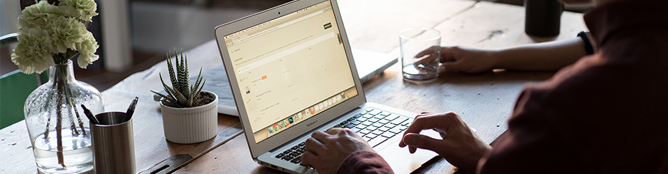 This is an image of some hands using a silver Macbook. The Macbook is next to a small plant in white pot, and a glass vase with white flowers in it.