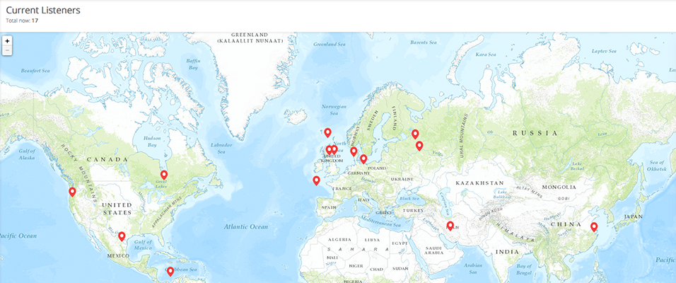 This is a detailed Listeners map, with small red dots on the listener locations