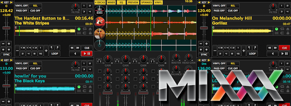 this is a black and yellow screenshot of the Mixxx Broadcasting Software. In the bottom right corner is the word Mixxx in clear, orange, pink, purple and green text.