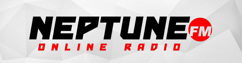 This is a grey and white backdrop. There are black and red words reading Neptune FM Radio in the middle, with a red FM circle visible.