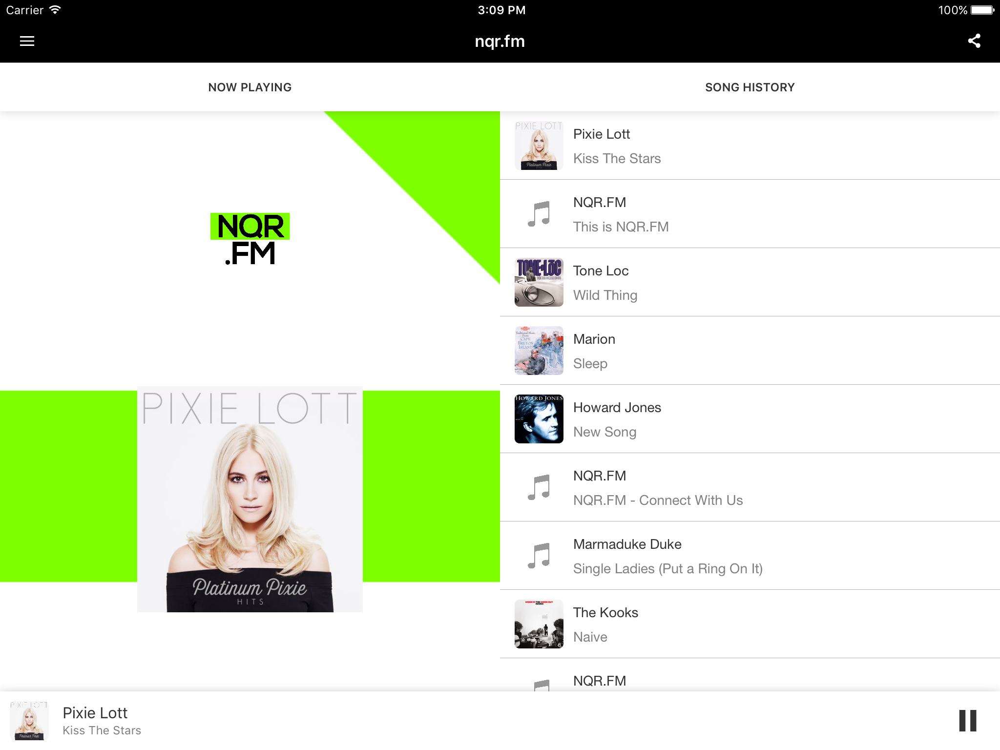 This is a white and green screenshot of the NQR.FM iOS app, and it is open on the Now Playing list