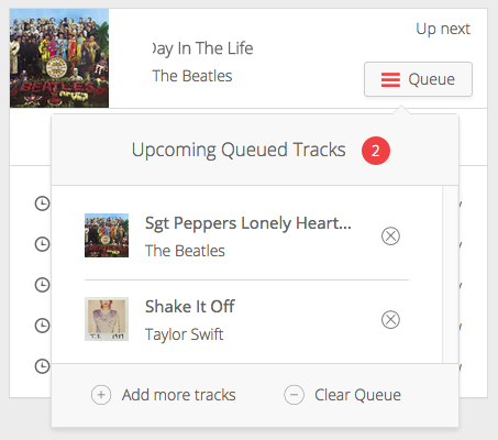 This is a white screenshot showing Queued tracks. One track is Sgt Peppers Lonely Hearts Club Band, one is Shake It Off