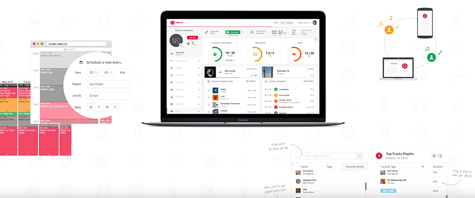 Against a white backdrop is a black laptop in the middle. On the left are various coloured planning tools, on the right is a content calendar, indecipherable.