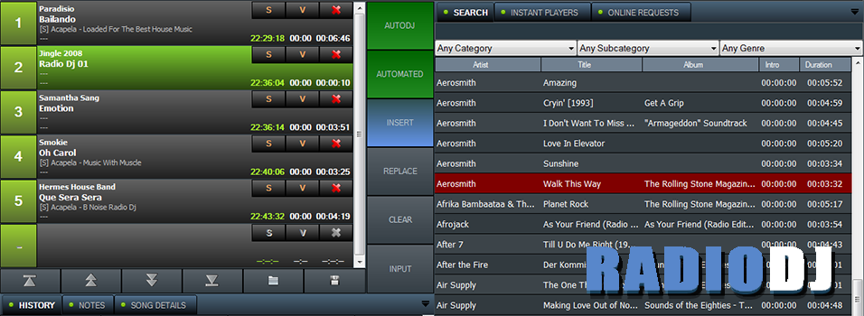 This is a grey and green screenshot of how the RadioDJ Broadcasting Software appears. it has the word RadioDJ in the bottom right corner in blue and white.