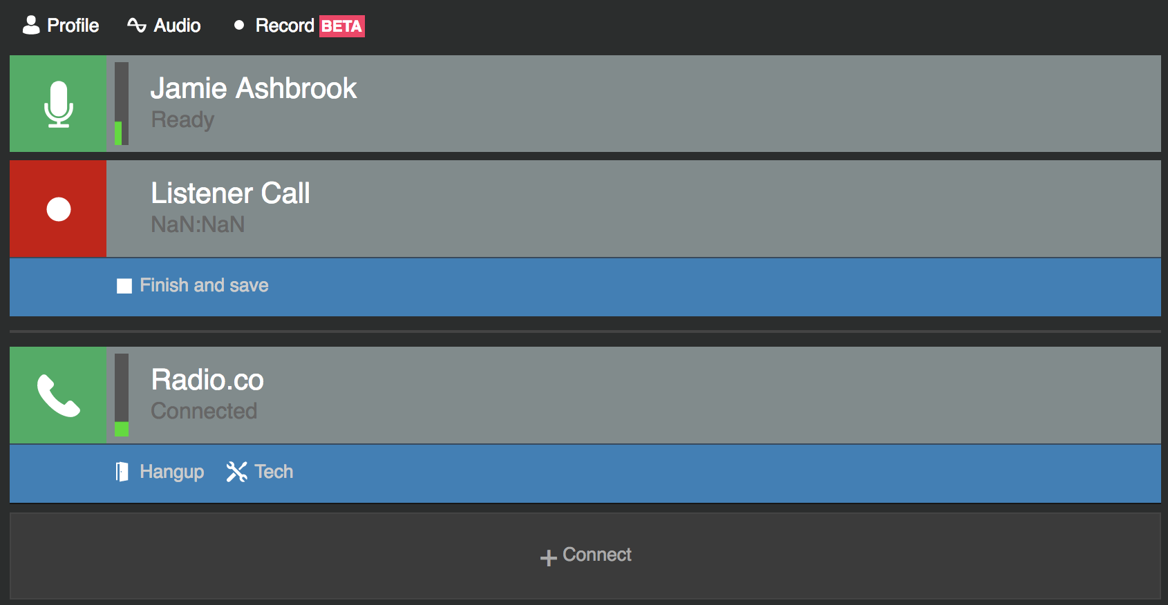 Image shows a Cleanfeed session that's being recorded.