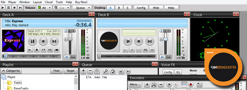 This is a black and orange screenshot of a SAM Broadcaster with an orange dial in the bottom right corner