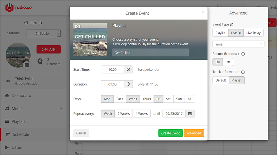 This is a screenshot of how scheduling Radio Shows, DJs, and Live Events appears. It has a list of days as options. The page is white with green and yellow buttons at the bottom of the box.