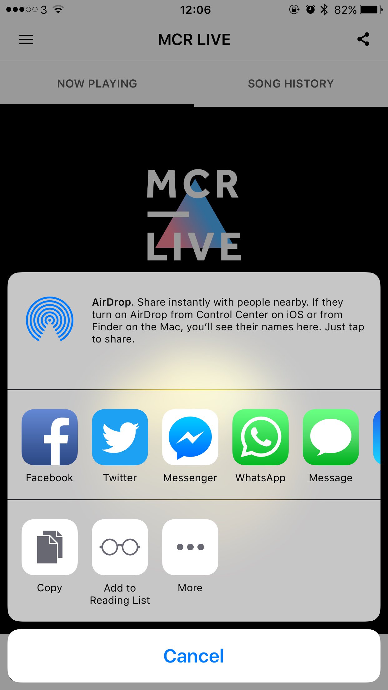 This is a white and black screenshot of the MCR Live app, and chiefly the AirDrop feature in a white popup. It has various icons visible