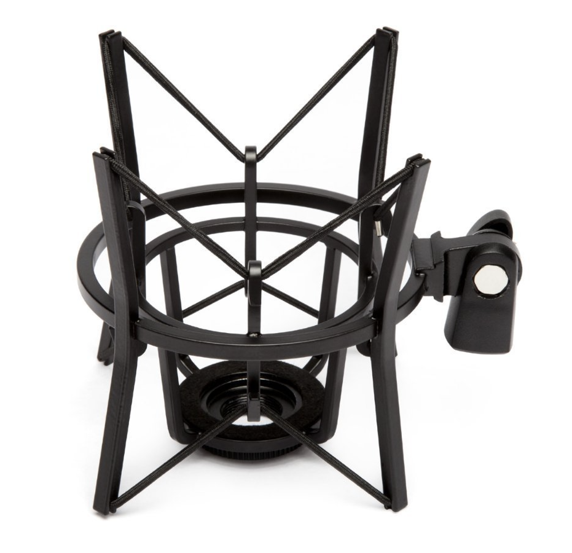 This is a stock image of how the Shockmount appears. It is black and an angular stand with pointed tips at the top. The background is white.