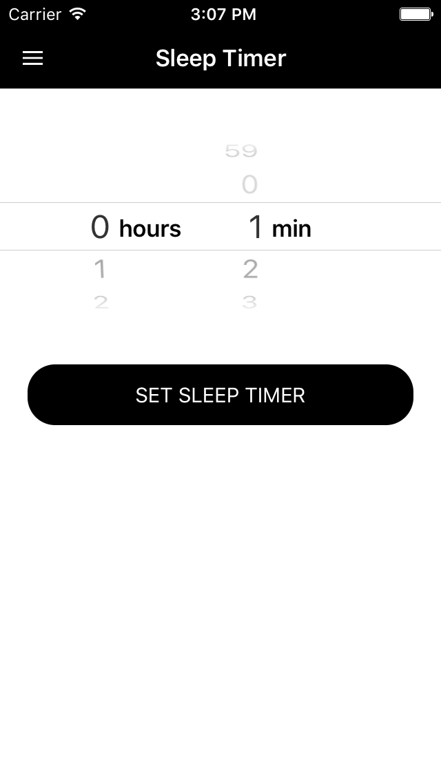 This is a black and white screenshot of a Sleep Timer, with 0 hours 1 min listed and the button for