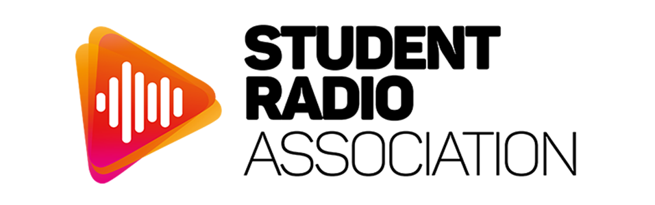 This is an image of the Student Radio Association logo. On the left is an orange and pink arrow with a soundbite inside. On the right are the words Student Radio Association in bold and slim.