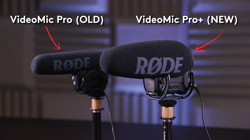 Image shows the VideoMic Pro mic and VideoMic Pro+ mic side by side on mic stands.